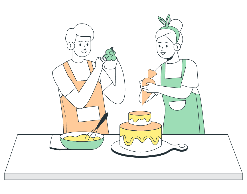 Men and women making a cake